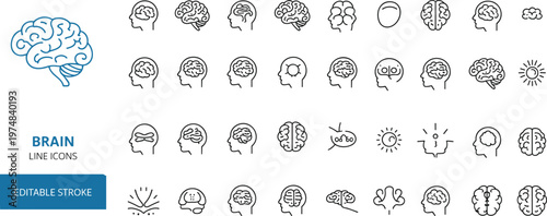 Brain line icons set, neuroscience outline symbols collection, human head mental health intelligence thinking vector editable stroke minimal design