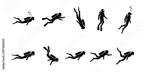 Scuba diver silhouette icons set, 10 underwater diving figures in various poses, black vector pictogram of divers with oxygen tanks and fins