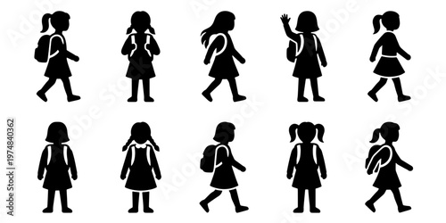 School girl silhouette icons set, primary student with backpack walking to class, 10 black vector figures of young female pupils for education design