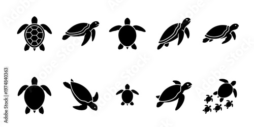 Sea turtle silhouette icon set, minimalist marine reptile vector graphics, black aquatic tortoise collection for logo design and nature branding