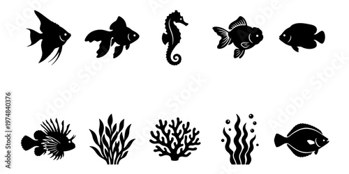 Black silhouette tropical fish and coral reef icons, set of 10 marine life vector elements, underwater sea creature shapes for aquarium design