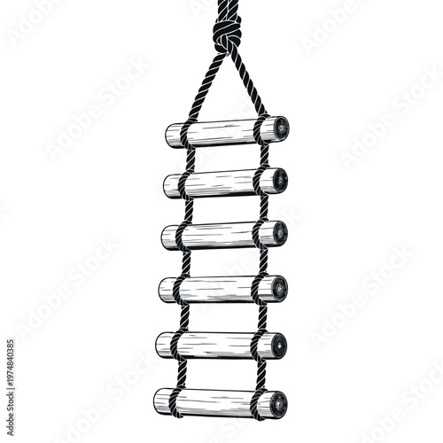 Black and white vector illustration of a rope ladder with wooden steps,