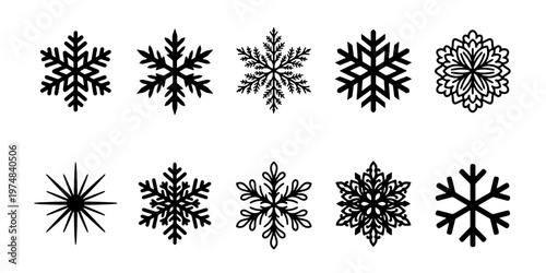 Minimalist snowflake vector icons set, black winter snow flakes collection, 10 geometric ice crystal silhouettes for holiday graphic design