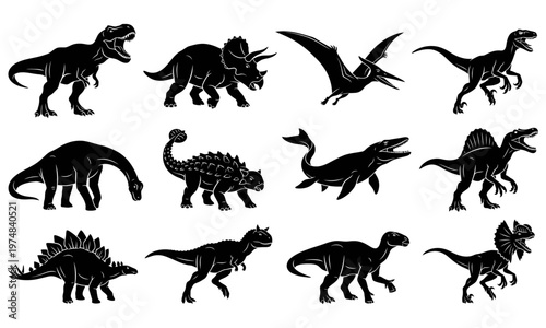 Prehistoric Dinosaur Silhouette Vector Set, Extinct Jurassic Animals and Reptiles Collection Bundle