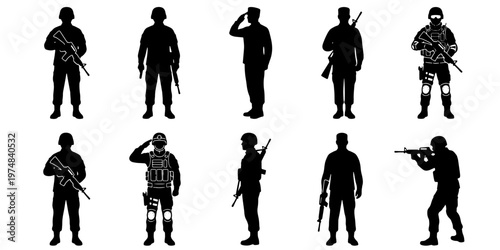 Military soldier silhouettes set, 10 armed infantry figures with rifles and tactical gear, black army personnel icons for war and defense concepts