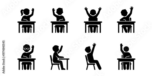 Classroom students icon set, school children sitting at desks and raising hands, 8 black silhouette vector elements for education and learning