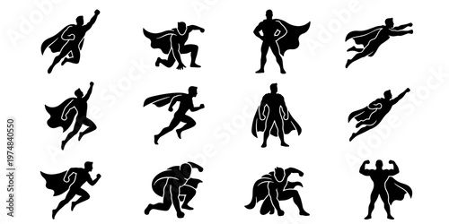 Superhero silhouette collection, 12 heroic character icons in action poses, black comic book figures with capes, flying and standing hero vector set