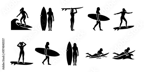 Surfer girl silhouette collection, set of 10 female surfing icons, black woman surfer vector graphics, summer beach sports and water activity elements