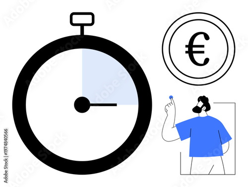Time management, financial planning, savings, investments, earning strategies, punctuality. Stopwatch, euro currency symbol man holding a coin. Time management and financial planning concept