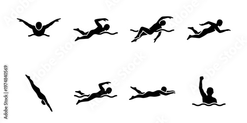 Swimming athlete silhouette icons, 8 black vector swimmer pictograms, professional swimming strokes and diving poses for sports competition design