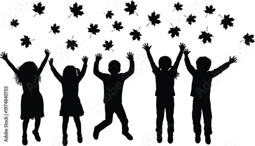 Children jumping with falling leaves silhouette illustration, happy kids celebrating autumn season with raised arms, playful childhood concept isolated on white background