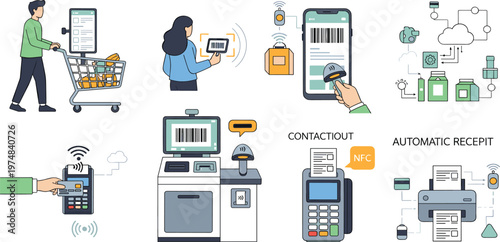 Contactless Payment and Smart Retail Technology Illustration Set Featuring NFC Checkout Barcode Scanning Mobile App and Digital Receipt Systems