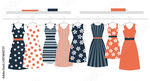 Collection of Various Stylish Women's Dresses with Different Patterns and Colors Hanging on a Display Rack in a Clothing Store.