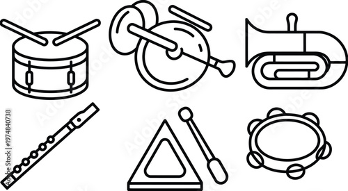 Line art instrument icon set showing six percussion and wind instruments, flat layout snare drum, cymbals, tuba, flute, triangle, tambourine, musical instrument vector illustration