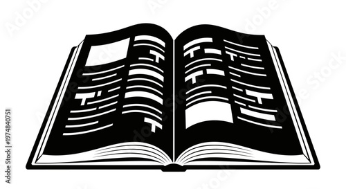 Open Book with Text on Pages, Reading and Education Concept Black and White Line Art