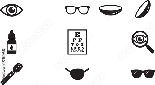 Vector icons set representing various tools and concepts in vision health and eye care