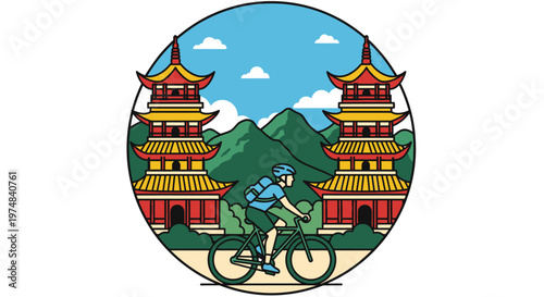 Person Cycling in Rural Asian Landscape with Pagodas and Mountains, Circular Flat Illustration