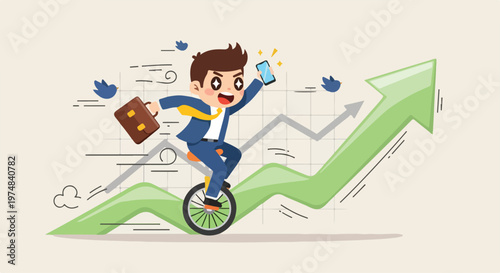 Energetic businessman riding a unicycle with a briefcase and smartphone while ascending a green upward trending graph