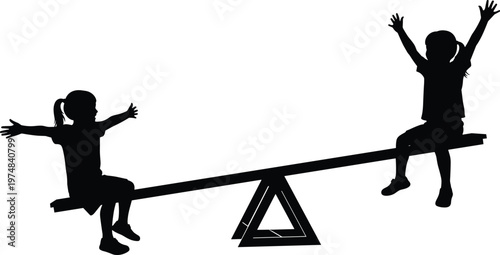 Children playing on seesaw silhouette illustration, kids balancing game with raised arms, playful childhood activity isolated on white background