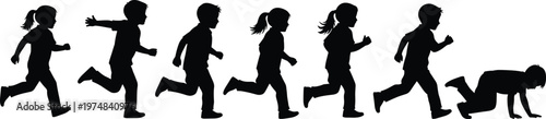 Children running silhouette sequence showing playful motion progression, active kids movement isolated on white background, childhood energy concept illustration