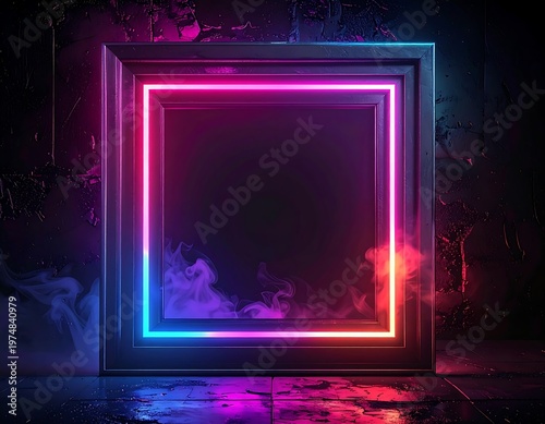 A square frame glows with neon gradients, vibrant pink and blue colors reflecting onto a shiny floor. Mysterious vapor drifts