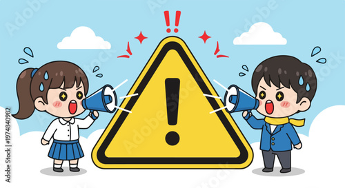 Two cartoon children shouting into megaphones with a large yellow warning sign and exclamation marks indicating danger