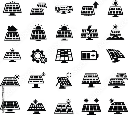 Solar panel array and photovoltaic renewable energy system icons with sun rays, photovoltaic