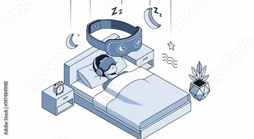 Isometric Illustration of Person Using Smart Sleep Mask and Headphones in Bed for Better Sleep Technology and Biohacking Concepts