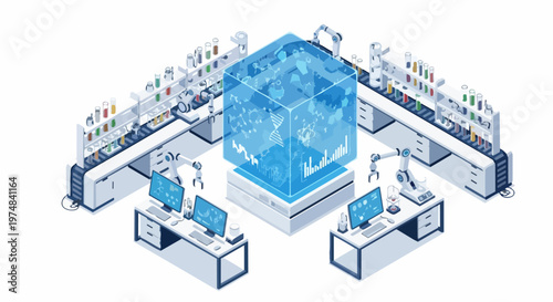 Isometric Automated Biotechnology Laboratory with Robotic Arms, DNA Hologram, and Advanced Research Equipment for Scientific Innovation
