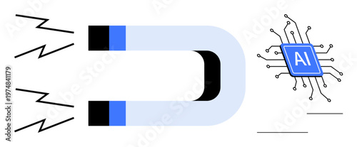 Technology integration, artificial intelligence, machine learning, data flow, digital connectivity, innovation. A magnet attracting an AI chip with digital elements. Artificial intelligence