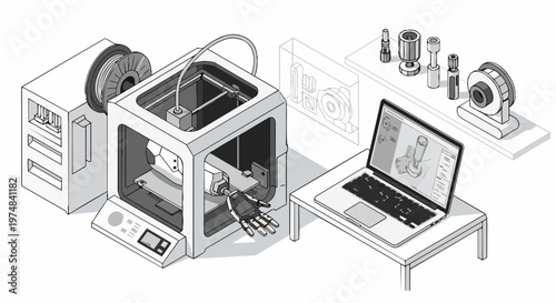 Isometric Illustration of 3D Printer Manufacturing Robotic Prosthetic Arm in Engineering Workspace with Laptop and CAD Software