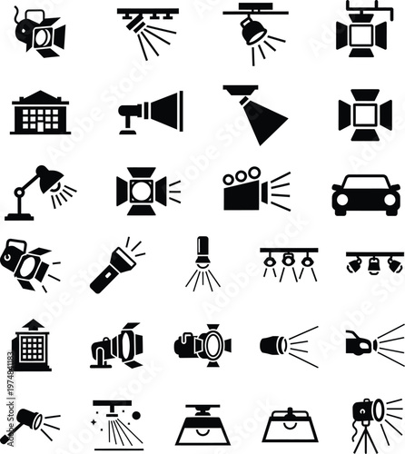 Professional studio lighting and stage spotlight equipment icon set with light bulb, lighting