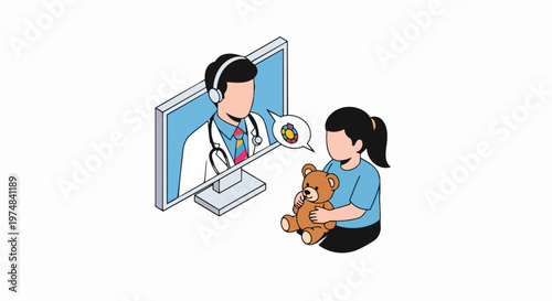 Telemedicine for Children: Isometric Illustration of a Virtual Pediatrician Consultation for Mental Health and Neurodiversity Support