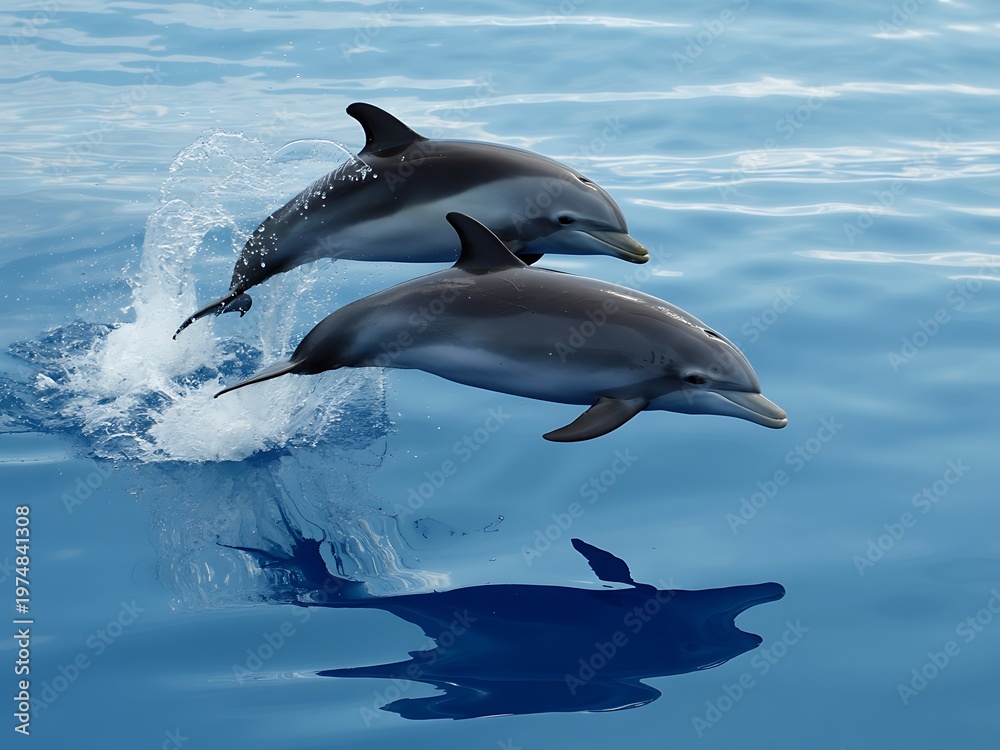 Fototapeta premium Spectacular display of two lively common dolphins leaping high from the ocean waves