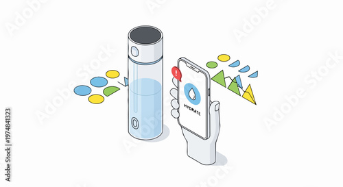 Isometric Illustration of a Smart Water Bottle and Smartphone App for Hydration Tracking, Water Intake Monitoring, and Health Wellness Reminder on White Background