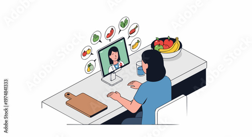 Online Nutritionist Consultation with Professional Dietitian for Healthy Eating and Meal Planning - Isometric Vector Illustration