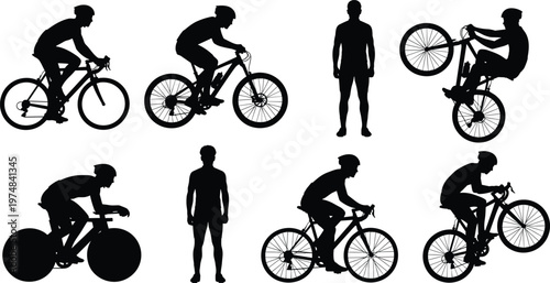 Cyclist silhouette collection showing different riding styles, racing, mountain biking and stunt wheelie actions, sports activity isolated on white background illustration