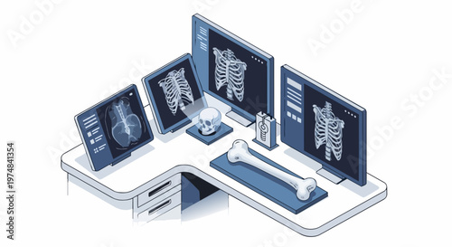 Isometric Medical Radiology Workstation with Skeletal X-Ray Scans on Monitors and 3D Bone Models for Orthopedic Analysis