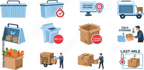 Food Delivery Packaging and Cold Chain Logistics Illustration Set Featuring Freshness Tracking Last Mile Delivery and Storage Solutions