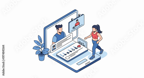 Isometric Online Personal Training and Virtual Fitness Coaching Illustration with Health Tracking Data on Laptop