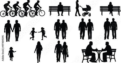 People silhouette collection showing daily life activities, cycling, walking, sitting, family and social interactions, diverse human figures isolated on white background