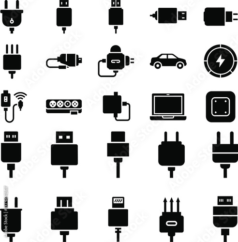 Universal electrical plug and charger cable connector icon set with connector electric hardware