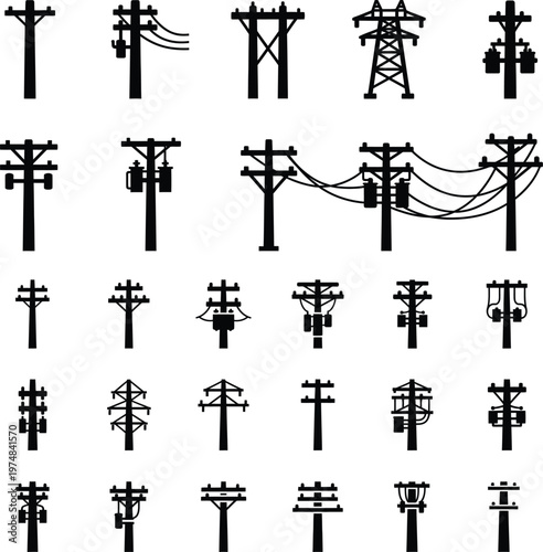 Set of electrical power transmission tower and utility pole icons with electricity, transmission