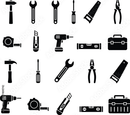 Professional construction and repair hand tool silhouettes collection with construction, maintenance