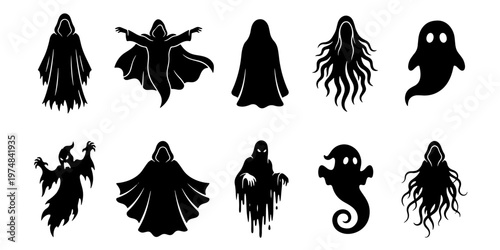 Spooky ghost silhouette collection, 10 Halloween phantom vector icons, black hooded spirit character set for horror design and party decor