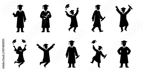 Graduation silhouette icons set of 10 students, academic achievement figures in gowns and mortarboards, university graduate vector collection