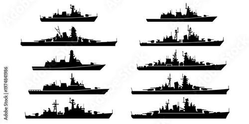 Military warship silhouettes set, 10 navy vessel icons in black vector format, battleship and destroyer side view profiles for naval defense design