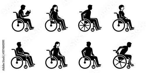 Wheelchair user icons set, disabled people silhouette collection in various poses, handicapped accessibility vector symbols for medical signage