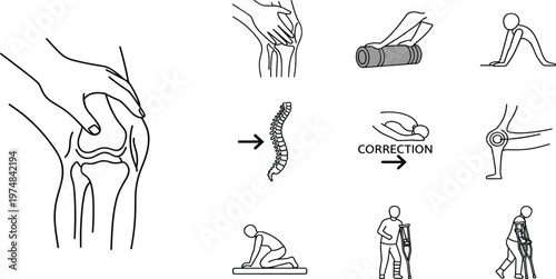 Knee Joint Pain and Spine Correction Rehabilitation Icon Set with Physiotherapy Exercises Mobility Recovery Vector Line Illustration
