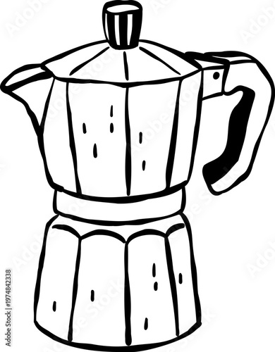 Hand-drawn doodle of a classic moka pot coffee maker, a stovetop espresso brewer with a metallic body, handle, and lid. Traditional Italian coffee